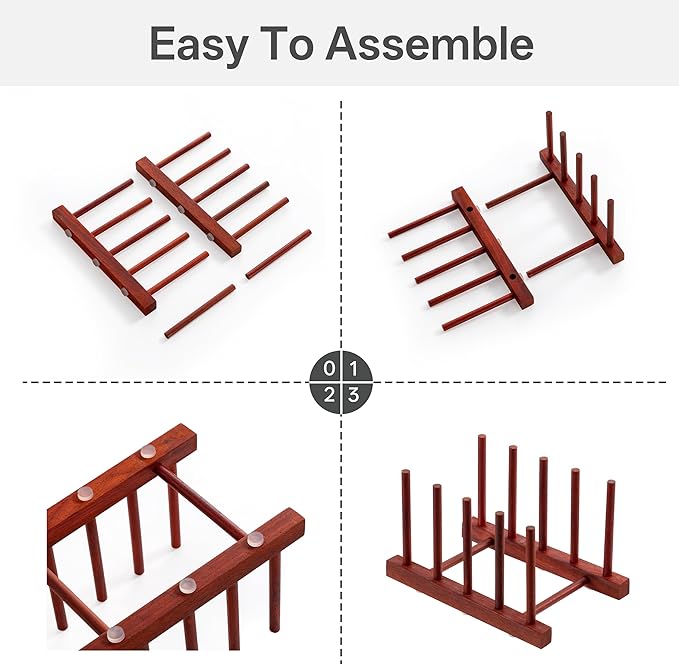 HBlife 2pcs Rosewood Wooden Dish Drying Rack - Home and Kitchen Organizer for Cups, Bowls, Pots, Lids, Cutting Boards & Plates Space-Saving for Cabinets Counters (4 Slots)
