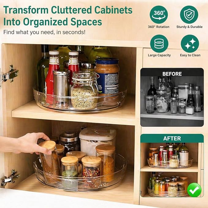 2 Pack Lazy Susan Organizer, Rotating Spice Rack Turntable for Kitchen Cabinet Pantry, Clear Storage Tray for Refrigerator Countertop Bathroom Organizer