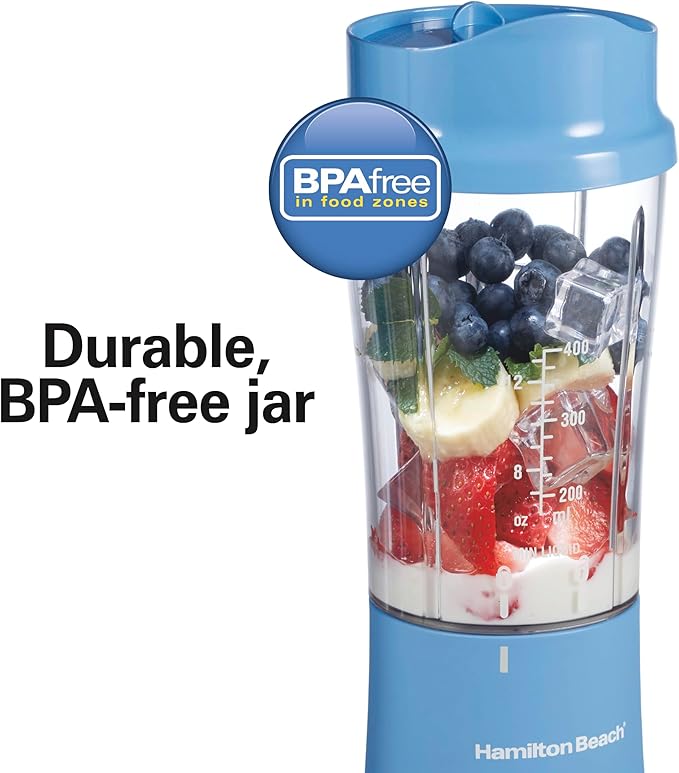 Hamilton Beach Portable Blender for Shakes and Smoothies,14 Oz BPA Free Travel Cup & Lid,Durable Stainless Steel Blades,Personal Smoothie Blender,Tranquil Blue (51172),(Pack of 4)