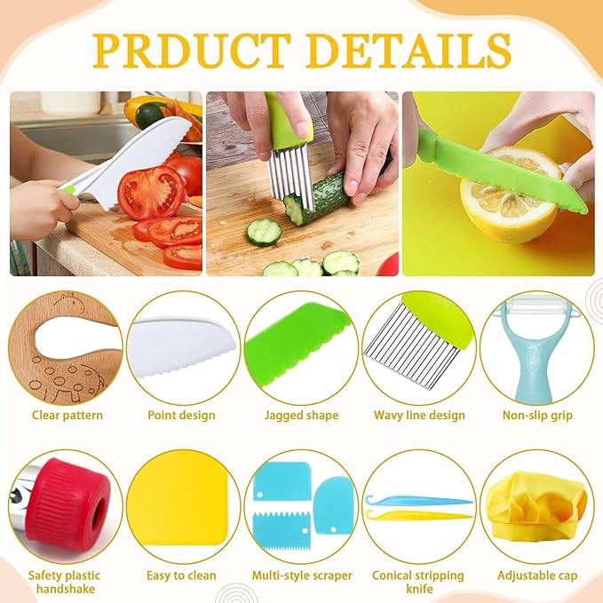 RISICULIS 21 Pieces Toddler Knife, Kids Knife Set Includes Wood Kids Safe Knifes, Plastic Toddler Knifes, Cutting Board, Apron, Chef Hat, Y Peeler, Crinkle Cutter, Cake Scraper