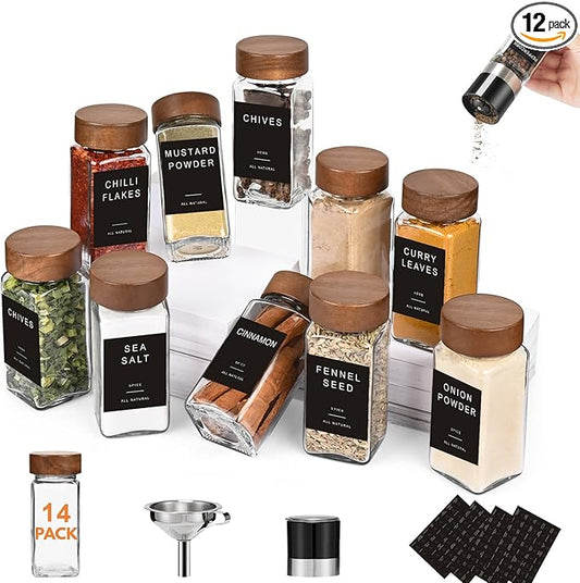 Yangbaga Glass Spice Jars with Labels: 14pc 4oz Square Seasoning Storage Containers with Airtight Wood lid,Pepper Grinder,Funnel; Empty Spice Organizer Bottles for Kitchen Rack Drawer Cabinet