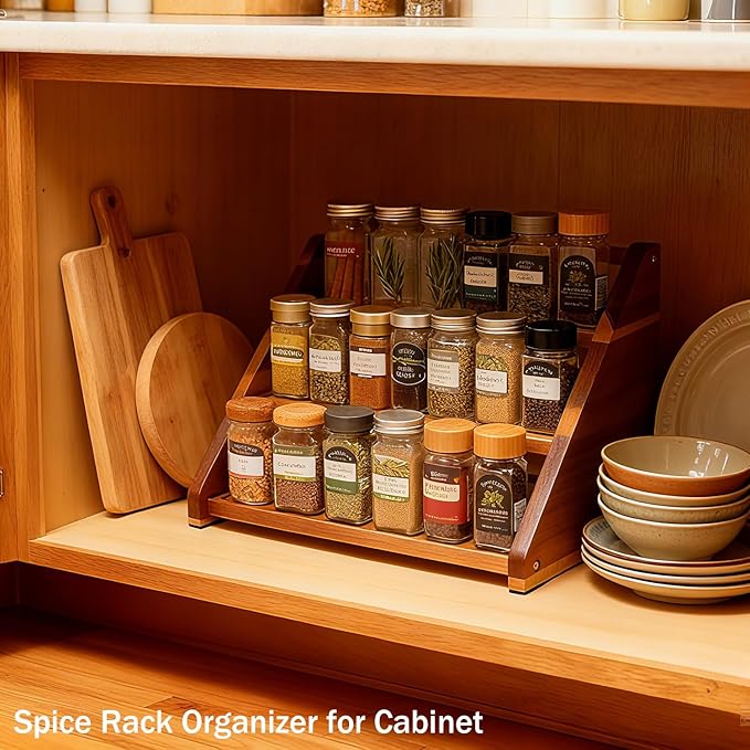 Acacia Wooden Spice Rack for Countertop - 3 Tiered Spice Rack Organizer for Cabinet - Kitchen Spices Organizers Holds 21 Jars - Spices Shelf for Kitchen Storage Pantry Seasoning Organizer