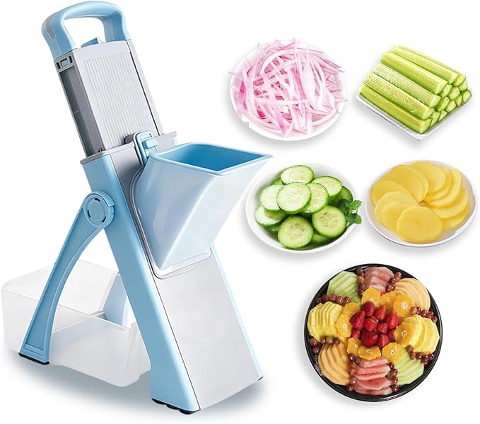 Safe Mandoline Slicer 8-in-1- Adjustable Vegetable & Potato Cutter with Removable Basket, 420 Stainless Blades, Foldable for Easy Storage