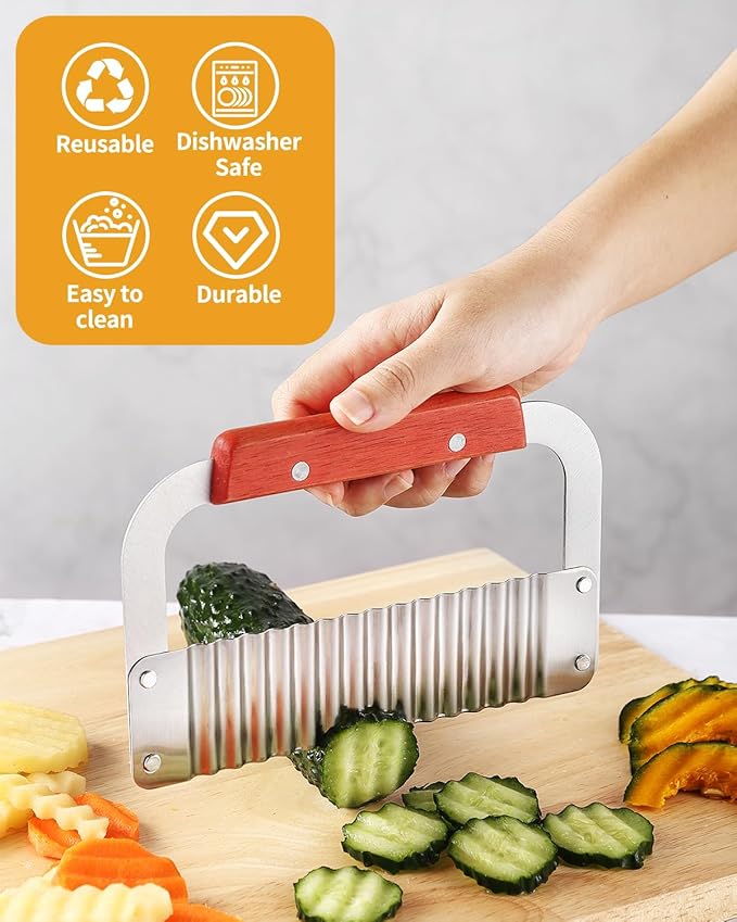 Crinkle Cutter Stainless Steel Potato Slicer Heavy Duty Wavy Crinkle Cutting Chopping Tools with Wooden Handle for Carrot Veggies