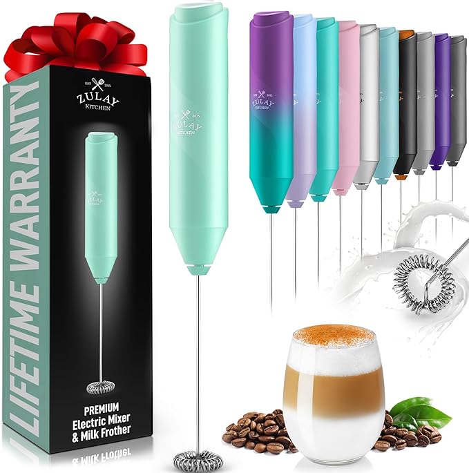 Zulay Kitchen Powerful Milk Frother Wand - Handheld Stainless Steel - Battery Operated Drink Mixer for Coffee, Lattes, Cappuccino, Matcha - Froth Mate Frother Gift - Fresh Mint