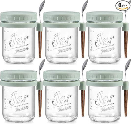 6 Pack Overnight Oats Containers with Lids and Spoons, Green