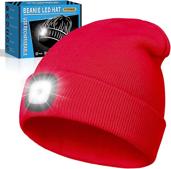 Beanie Hats with Light, USB Rechargeable LED Hand Free Headlamp, Ideal for Camping, Hiking, Fathers Day Dad Gifts, Birthday Gifts for Husband, Dad, Men, 1 Pack, Red