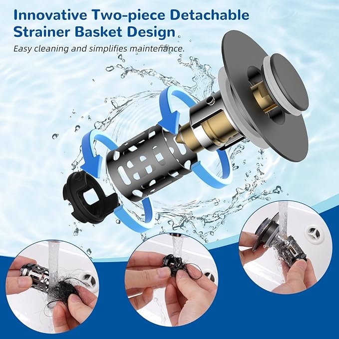 Hibbent 2 Pack 3 in 1 Bathroom Sink Drain Strainer, Universal Pop Up Stopper with Removable Stainless Steel Filter Basket Hair Catcher, Sink Plug for 1.1''~2.36'' Basin, Brass Bullet Core, Grey