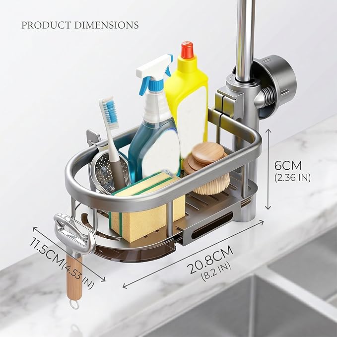 Sink Caddy for Kitchen Sink, Sponge Holder Over Faucet Organizer with Drain Tray Hook, Space Aluminum Fits 0.7-1.1" Round Pipes (Grey Left A)