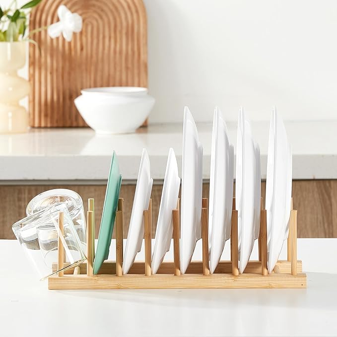 NOVAYEAH Bamboo Wooden Dish Rack-Plate Pot Lid Cutting Board Organizer Holder Rack for Cabinet-Kitchen Cabinet Organizer for Dish, Pots, Lids, Bowls, Bottles, Books, and Puzzle
