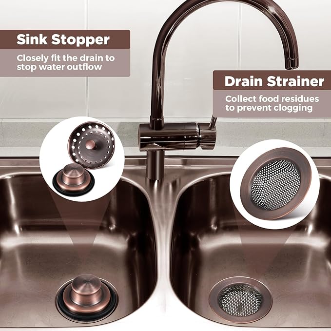 Mudder 3 Pcs Kitchen Sink Drain Strainer and Stopper Stainless Steel Garbage Disposal Plug with Handle Universal Anti-Clogging Kitchen Sink Filter Sieve Basket Strainer(Antique Copper)