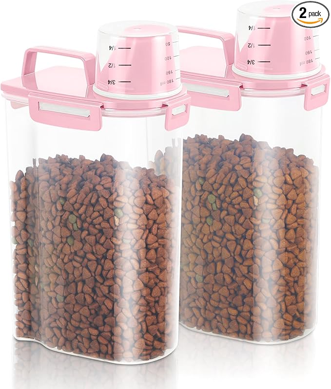 TBMAXS 2 Pack 3 Lbs Dog Cat Food Storage Containers for Travel, Portable Pet Food Storage Container, Easy-Pouring Bird Seed Dispenser, Airtight Rice Cereal Oatmeal Flour Holder -Pink