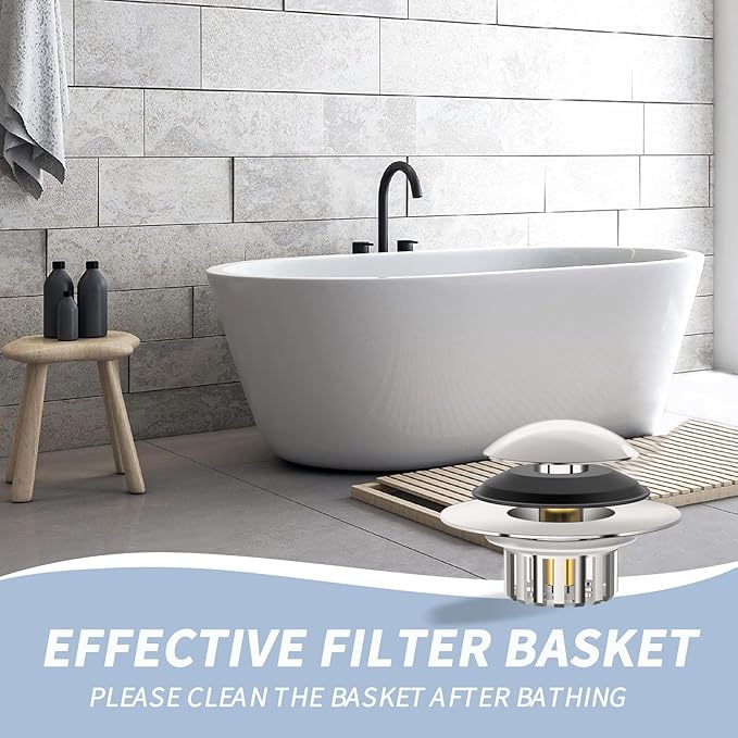 Universal 3 in 1 Bathtub Drain Stopper Bathtub, Pop-up Tub Stopper with Effective Filter Basket, Anti-Clogging Bathtub Drain Plug Bath Tub Stoppers for 1.45-1.8" Drain Shoe, Brushed Nickel
