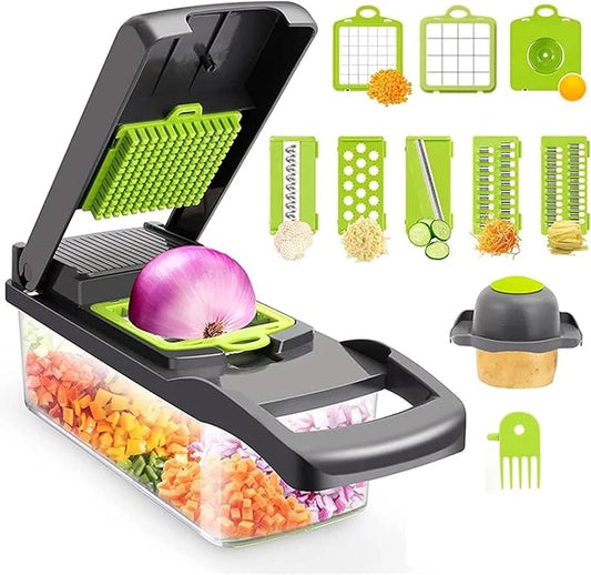 16 in 1 Vegetable Chopper with Container, Multifunctional Veggie Chopper and Mandoline Slicer, Food Chopper with Container, Onion Cutter, Vegetable Dicer and Slicer Kitchen Tool for Easy Meal Prep