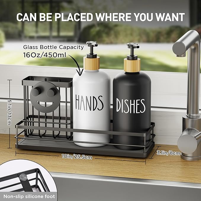 Moforoco Kitchen Dish Soap Dispenser Set, 16OZ Glass Bottle, Hand and Dish Soap Dispenser Set, Instant Dry Tray, Brush Holder with Smiley Face Sponge Holder (Black Tray+Black&White Bottle)