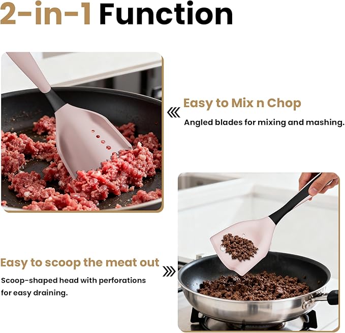 Meat Chopper Spatula Ground Beef Masher- Heat Resistant Hamburger Smasher Tool, Non Stick Ground Chopper Hamburger Grinder, Mix and Chop Potato Masher Kitchen Utensil-Pink