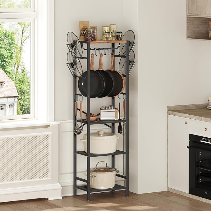 MAHANCRIS 4-Tier Pot Rack, Pots and Pans Organizer for Kitchen, Lid Organizer Rack with U-Shaped Lid Holders, Kitchen Storage Shelf for Standing Cookware, Rustic Brown and Black POHR3001