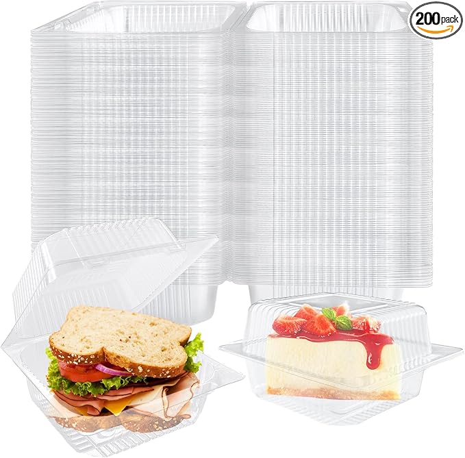 Jizvxe 200 Pcs Clear Plastic Take out Containers,Disposable Fancy Hinged Top Square Clamshell Food Boxes,Cake Slice Containers Clamshell Takeout Tray with Clear Lids,5.3x4.7x2.8 Inch