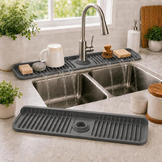 24" Silicone Faucet Mat for Kitchen Sink,7° Draining Mat with Snap Button Lock,Faucet Splash Guard and Sink Counter Organizer,Trim-to-Fit Kitchen Faucet Protector for Sponge Brush Cup