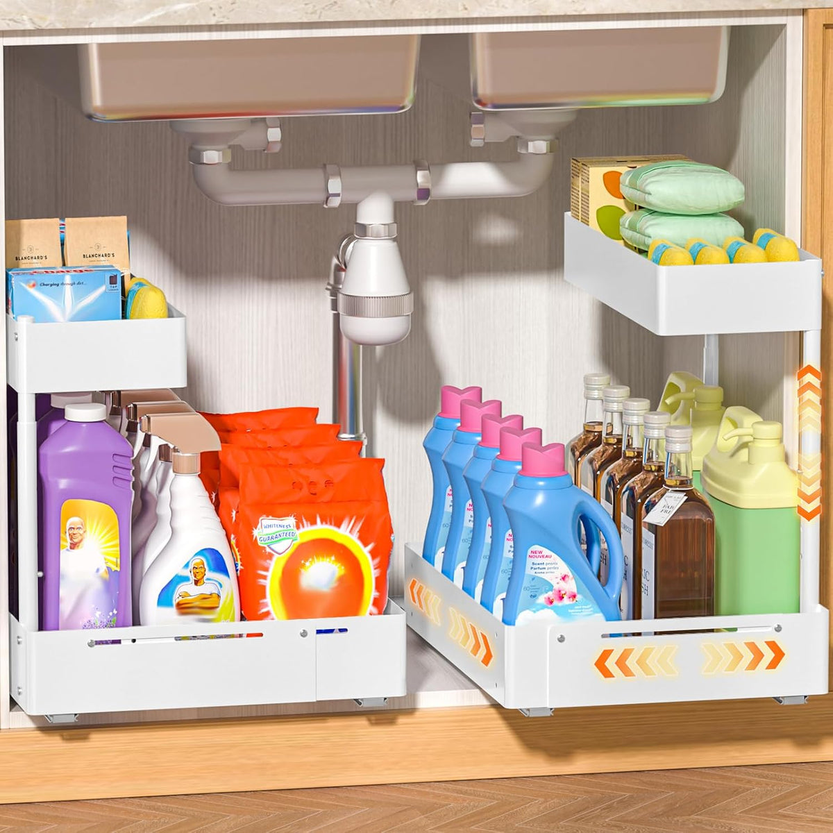 2 Pack Expandable Under Sink Organizer, 2 Tier Pull Out Cabinet Organizer with Smooth Ball Bearing Slides, Adjustable Height Cabinet Storage Shelves for Kitchen, Bathroom, Laundry, Pantry