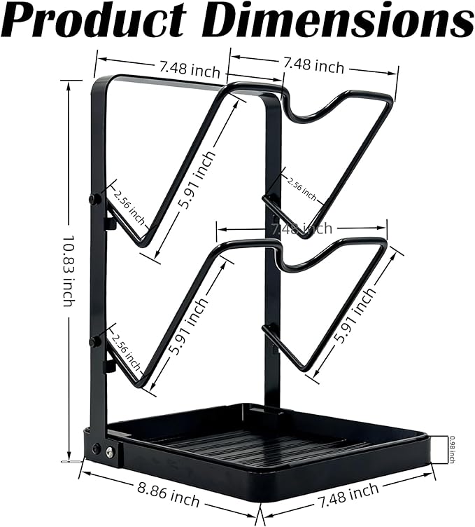 Pot Lid Holder While Cooking, 2-Tier Heavy Duty Pot Lid Organizer with Drip Tray & U-Shaped Groove, Multifunctional Storage Rack for Stove Top & Kitchen Countertop - Black