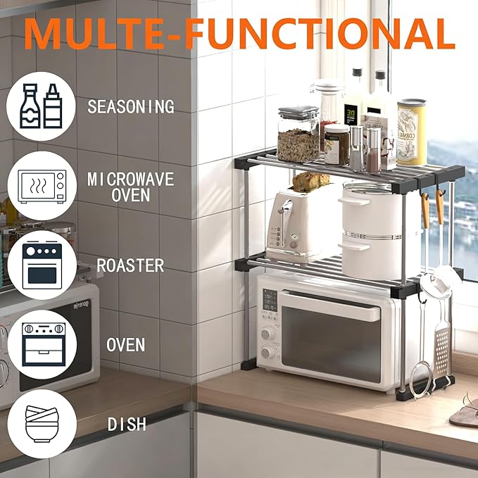 BLULEE Dual-Adjustable Cabinet Organizer Shelf,Expandable Width & Height Stackable Spice Rack with Snap-Lock,2-Tier Kitchen Organization and Storage for Under Sink,Countertop,Pantry,Black,1Pack