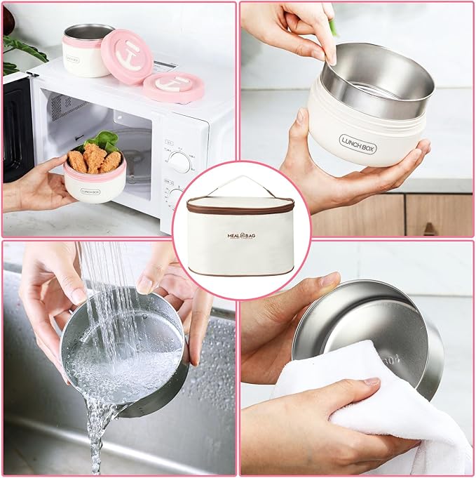 Dandat 4 Pcs Insulated Lunch Container, Portable Bento Box, Stainless Steel Lunch Box, Round Stackable Leakproof Thermal Food Container for Adult Men Women with Insulated Bag, 74 oz(Pink)