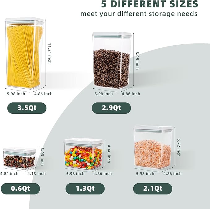 Airtight Food Storage Containers, 5 PCS Clear Pantry Organizers, BPA-Free Stackable Canisters with Measurement Marks & Pop-Top Lids for Cereal, Flour, Sugar, Rice, Pasta & Dry Food