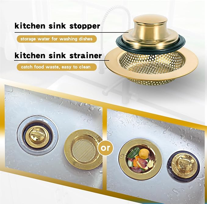 RQYEKDO Kitchen Sink Strainers Sink Stopper Kits, Stainless Steel Sink Drain Strainer Set, Large Wide Rim 4.4" Diameter Food Catcher Garbage Disposal Plug for Most Sink Drains Basket Filter (Gold)