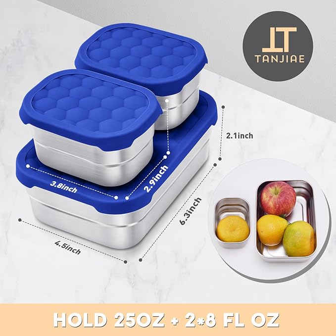 Tanjiae 3 CUP+1 CUP Stainless Steel Lunch Snack Containers Set | Leak Proof 304 Stainless Steel Food Containers with Silicone Lids - Perfect Metal Lunch Box for Home and Travel (25oz+8oz*2)