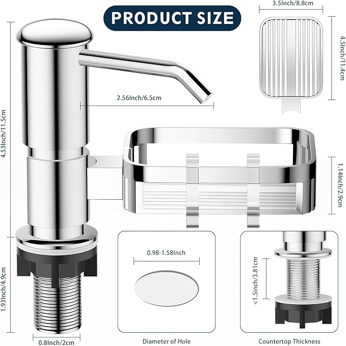 Soap Dispenser for Kitchen Sink, Mecyfaty Under Counter Sink Soap Dispenser Pump with 39" Extension Tube Kit, Built in ABS Kitchen Dish Soap Dispensers with Sponge Holder, No More Refills, Chrome