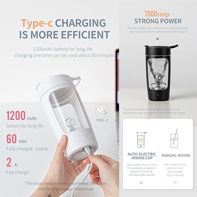 Electric Shaker Bottle, Blender Bottles For Protein Mixes, | Tritan | BPA Free| Portable Mixer Cup, Rechargeable Shake Cups And Meal Replacement Shakes, 22 oz(White)