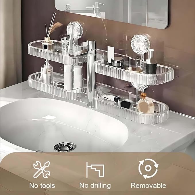 Universal Removable Faucet Storage Rack,Removable Faucet Storage Rack Installs,Bathroom Sink Shelf Over, No Drilling Required, Residual Water Automatically Drains Away (White)