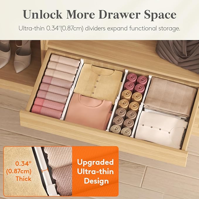 Lifewit Drawer Dividers for Clothes, 3.2" High 10.5"-16.5" Expandable Dresser Drawer Organizers, Adjustable White Plastic Separators for Kitchen, Cabinet, Nursery, Socks & Underwear Storage, 4 Pack