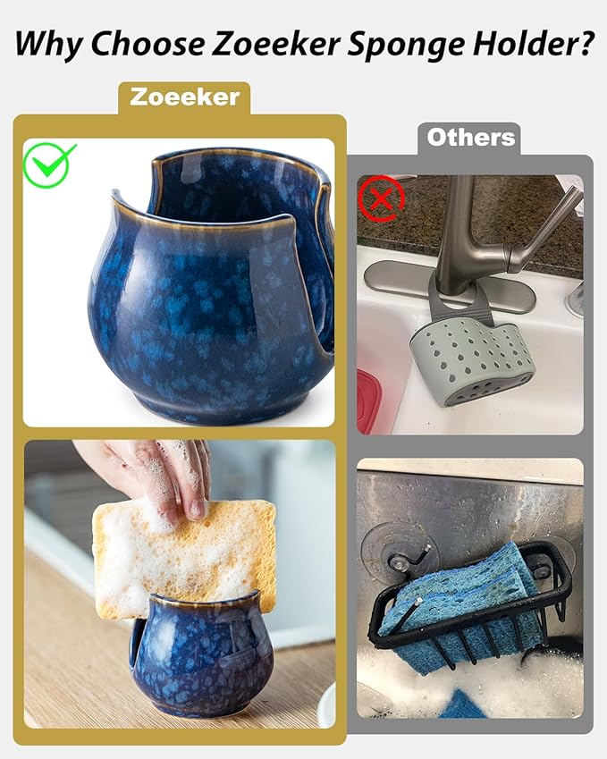 Zoeeker Ceramic Sponge Holder, Kitchen Sink Scrubby Caddy Organizer Dish Sponge Dish Rack for Scrubbers, Bathroom, Sink, Blue