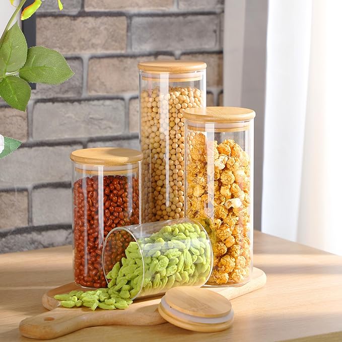 Qinyoung Glass Storage Jars with Wooden Lids, 4 Sizes Food Storage Containers Clear Stackable Canisters Airtight Glass Jars for Candy Cookie (Clear, Light Brown, 15oz 25oz 34oz 42oz, 24 Pcs)