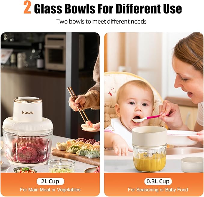 Kawu Electric Food Processor, Glass Portable Electric Garlic Chopper with 2 Bowls, 300W Vegetable Chopper Blenders with 2 Blades, Onion, Fruit, Meat Grinder Shredder for Kitchen Home