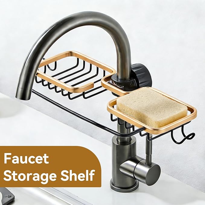 Faucet Holder, Double Faucet Storage Rack with Hooks Faucet Sponge Holder over Faucet Hanging Aluminum Detachable Faucet Drain Rack for Kitchen Sink Bathroom Organizer and Storage(Gold)
