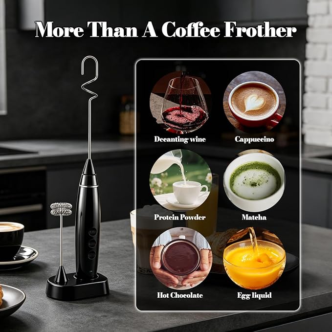 Rechargeable Milk Frother with Stand, 3-Speed Electric Handheld Foam Maker with 3 Whisks, Stainless Steel Blender for Coffee, Latte, Cappuccino, Hot Chocolate & Egg Mixes, USB Charging, Black
