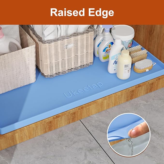 ukeetap Extra Thick Silicone Mat Waterproof with Raised Edge 22" x 19", Under Sink Mat for Kitchen & Bathroom, Kitchen Cabinet Liner, Multi-Purpose for Storage & Protection, Blue