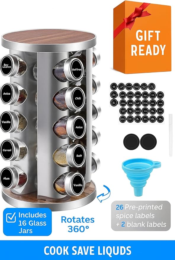 360° Rotating Spice Rack with 16 Glass Jars – Stainless Steel Countertop Seasoning Organizer with Airtight Lids, Labels, Funnel & Gift Box – Kitchen Storage for Herbs & Spices