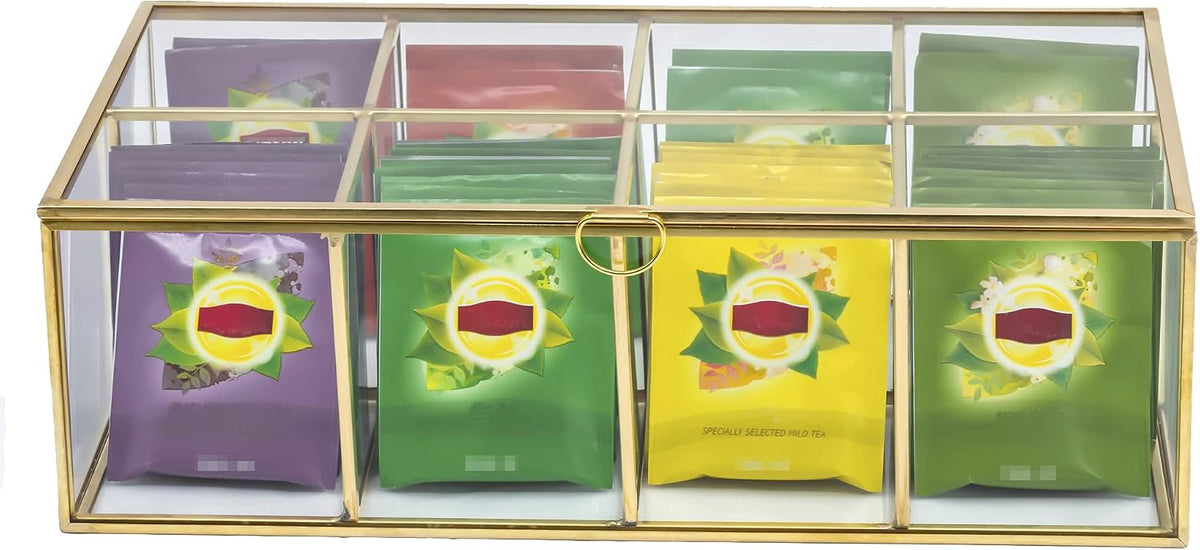 Glass Tea Bags Organizer with Lid, 8 Compartments, Teabag Storage Box