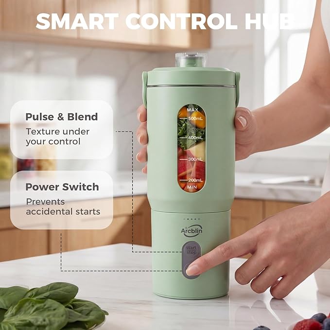 Personal Portable Blender, Detachable To-Go Cup& Carry Handle,17oz Blender Cup for Shakes and Smoothies, Rechargeable Mini Juicer for Gym, Baby Food, Auto-Shutoff, BPA Free, Green