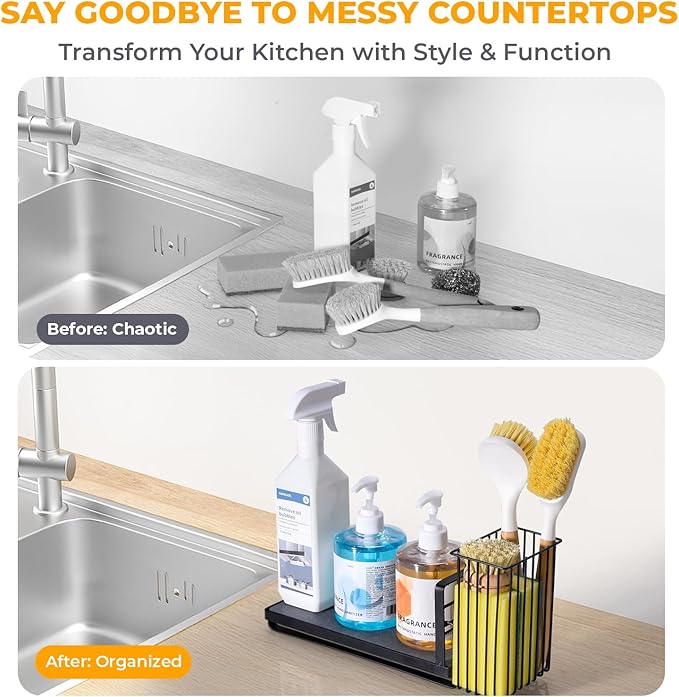 KONE Kitchen Sink Caddy: Sponge Holder for Kitchen Sink Counter with Instant Drying Stone and High Brush Holder, Rustproof Stainless Steel Sponge Holder for Sponges, Scrubbers, Soap (Black)