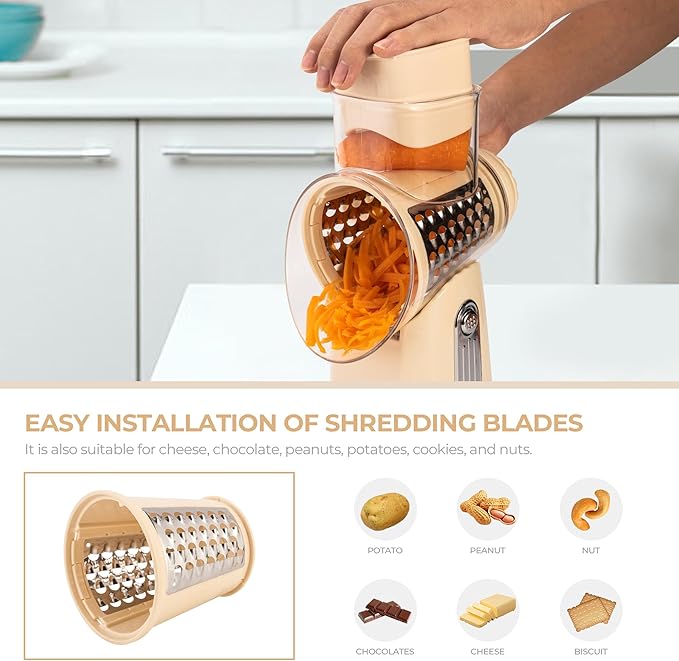 SUSTEAS Rotary Cheese Grater with Handle - Vegetable Shredder with 5 Well-designed Blades & Strong Suction Base,Round Mandoline Slicer & Food Chopper for Kitchen,with Blade Storage Box(Beige)