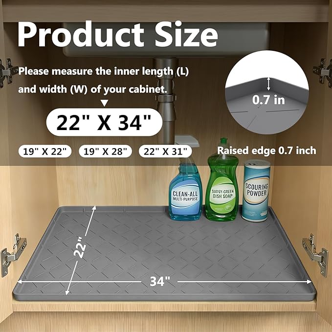 Mateeylife Under Sink Mats for Kitchen Waterproof 34"X22", Undersink Protectors，Silicone Mat Cabinet Liner, Under Sink Organizer for Bathroom and Kitchen，Boot Tray Pet Food Mat, Dark Grey