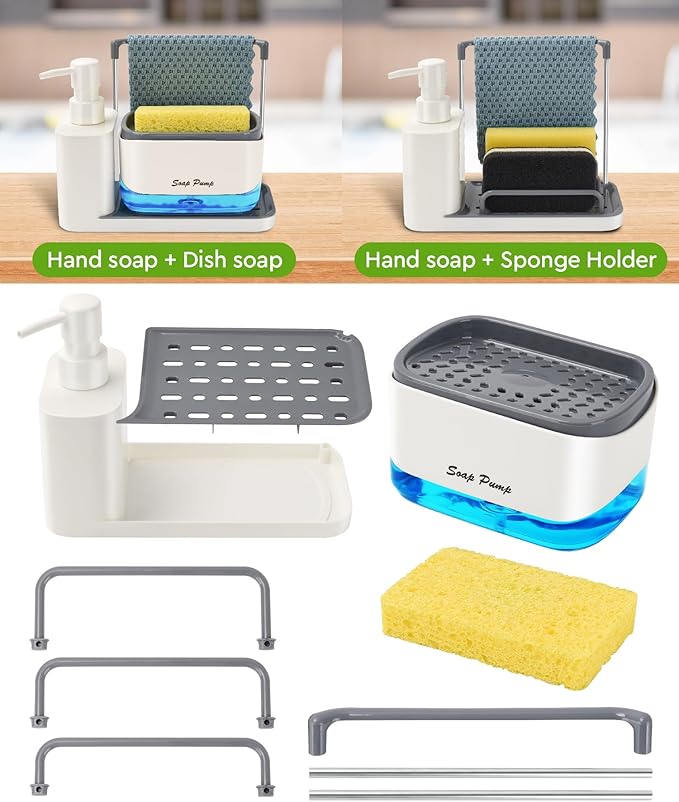 Hand and Dish Soap Dispenser Set with Tray, Dual Soap Dispenser with Sponge Holder and Dishcloth Holder 5-in-1 Organizer for Kitchen Sink Countertop Storage Organize - Useful Kitchen Gadgets (White)