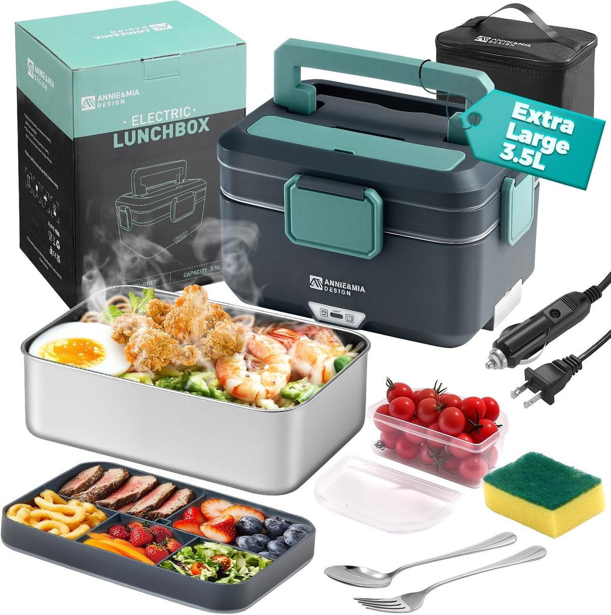 Electric Lunch Box for Adults, 100w 3.5L 2-Layer Portable Food Warmer, Dual Mode 2.5L + 1L Heated Lunch Box for Adults, Home/Car/Office/Truck Use, Lonchera Eléctrica Portátil