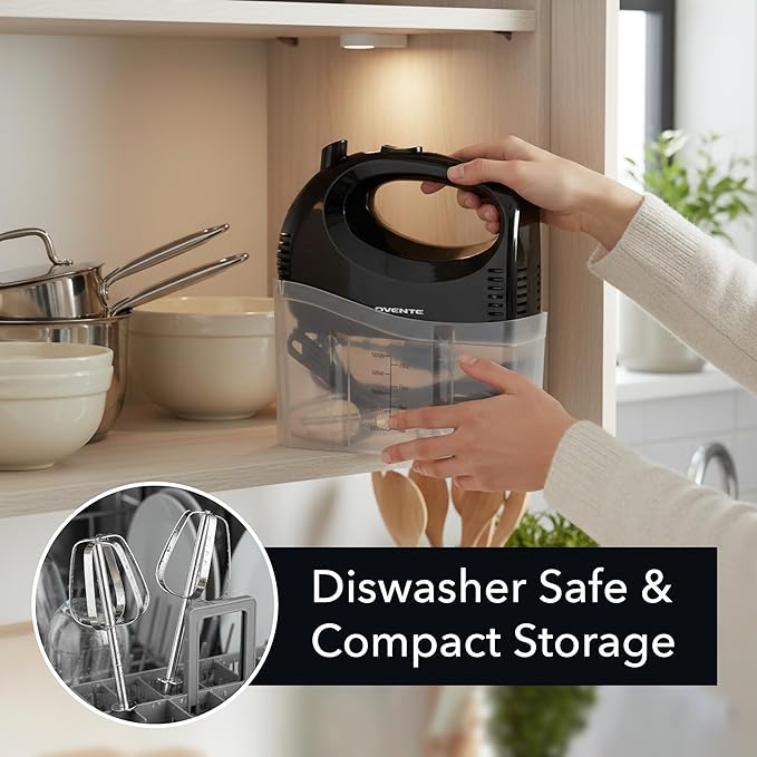 OVENTE 5-Speed Corded Electric Hand Mixer with Stainless Steel Whisks, Compact Portable Design with Snap-On Storage Case,150W Lightweight Handheld Mixer for Baking & Cooking, Black HM151B