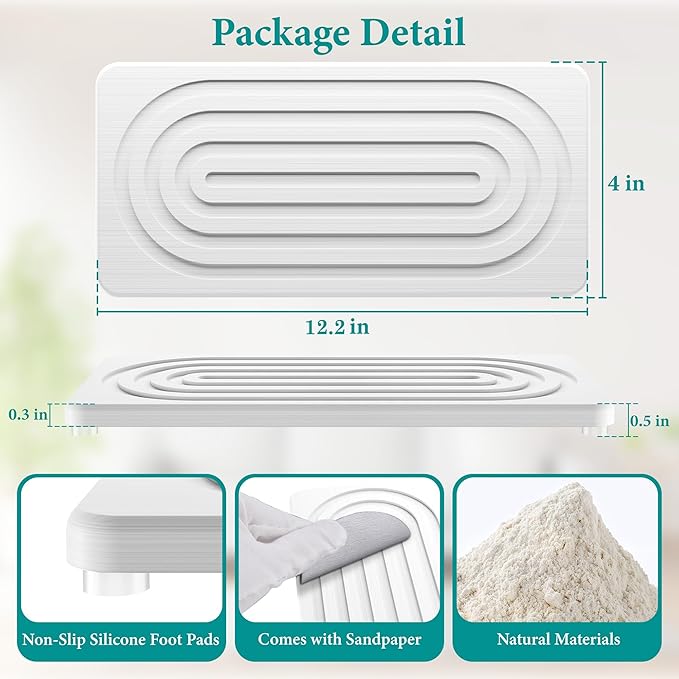 Water Absorbing Stone Tray, Quick Drying Diatomite Bathroom Tray Countertop, Stone Drying Mat for Kitchen Counter, Soap Dish Dispenser Vanity Organizer, White-A-12.2" x 4"